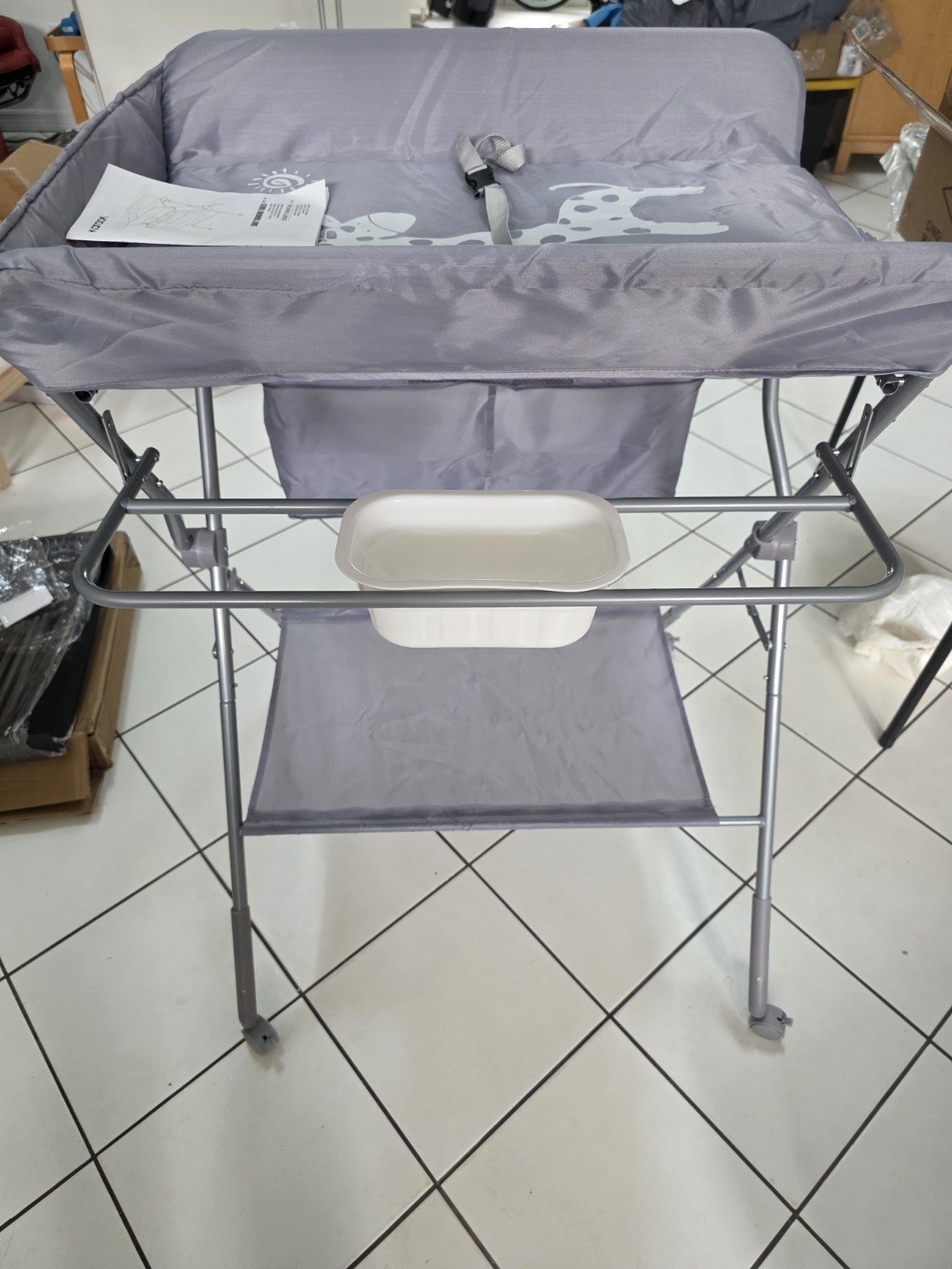 121 — KARAOK Folding Baby Changing Table — Gray Giraffe, Assembled